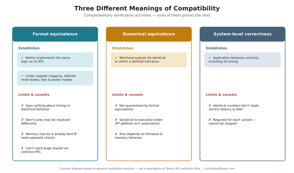Tesla AI5 software compatibility diagram with three parallel columns, formal equivalence, numerical equivalence and system-level correctness, each listing what it establishes and its limits.